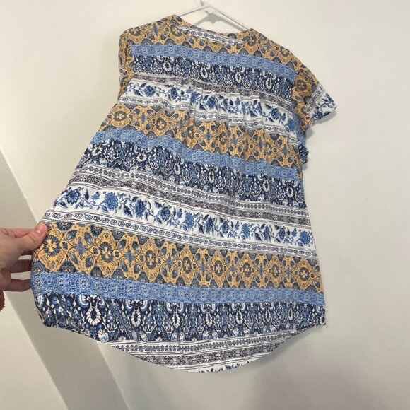 MACKENZIE JAMES Plus Size Blue White Floral Striped Boho Tie Neck Peasant Blouse - Picture 11 of 13